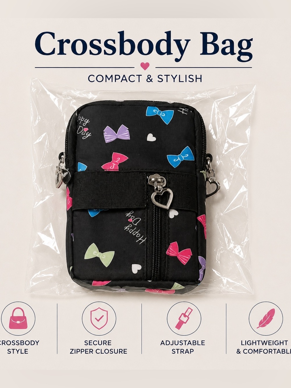 Black Bow Print Crossbody Pouch
7”x 4”